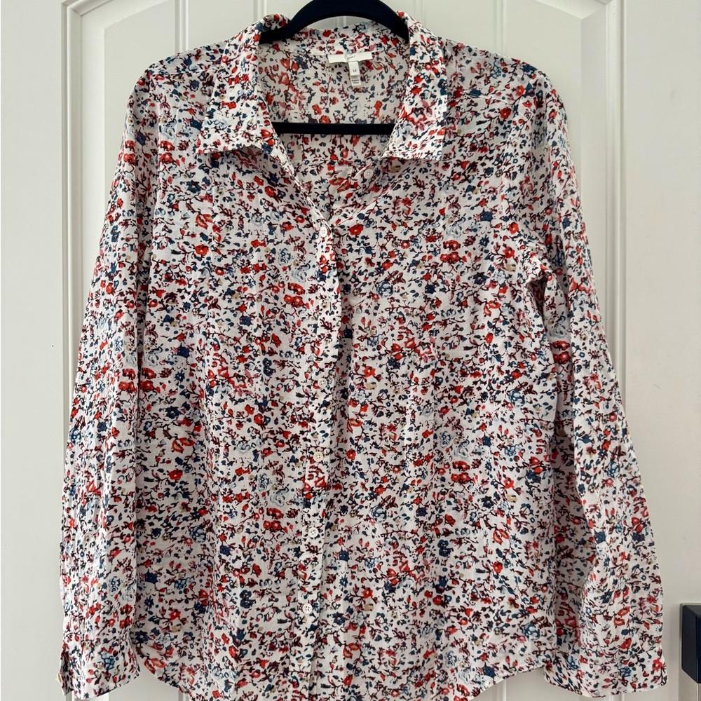 Joie White Button-Up Blouse with Red & Navy Floral Print